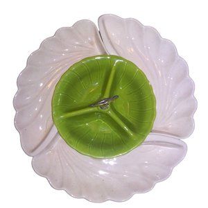 VTG Lane & Co Green Cream Ceramic Leaf Chip and Dip Lazy Susan Candy Dish 1960